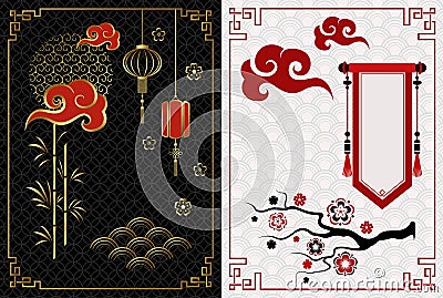 Traditional chinese holiday banners. Chinese New Year white and black vertical banners. Vector Illustration